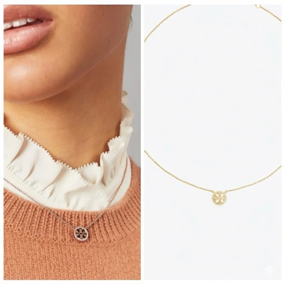 Tory Burch Miller Pave Crystal Logo Pendant Necklace Goldtone Double T 16in